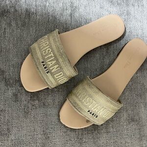 Christian Dior Dway Slide Sandals Beige Gold Logo EU 41